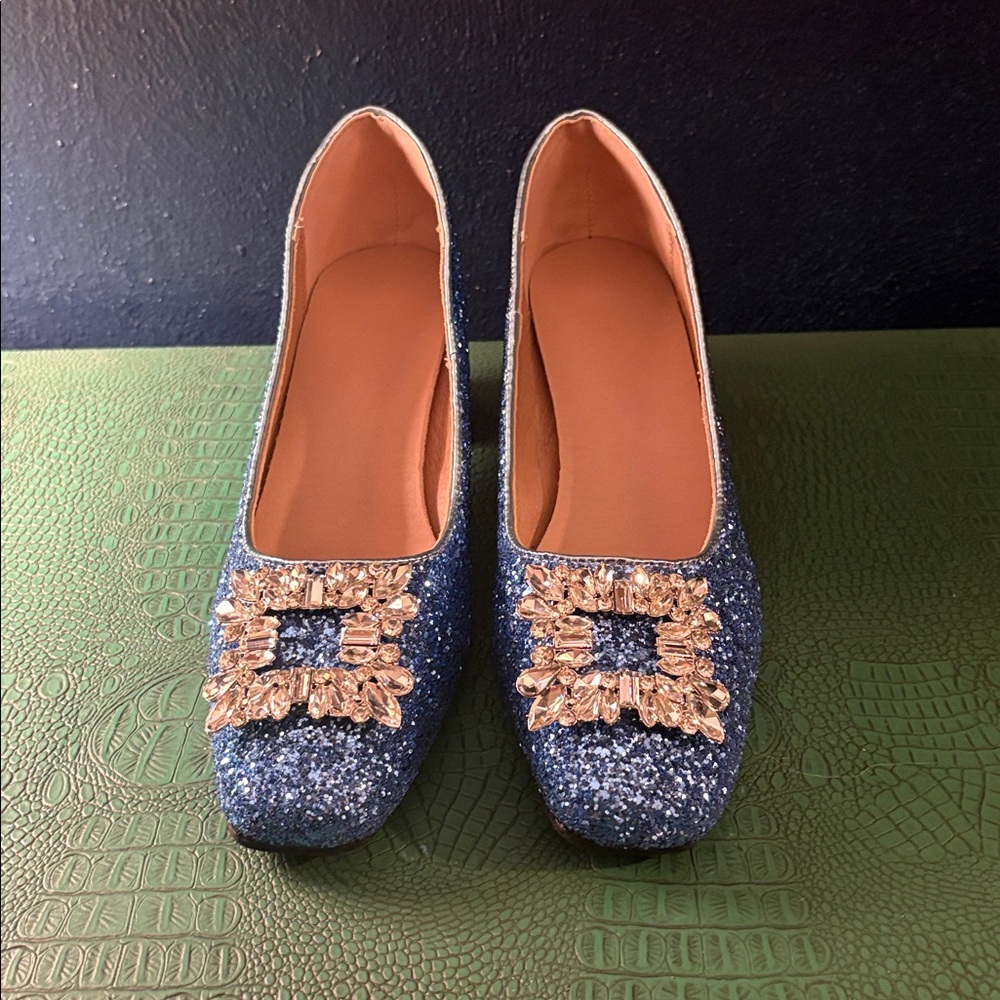 Azure glitter square-toe pumps with clear jeweled buckle and 50mm block heel